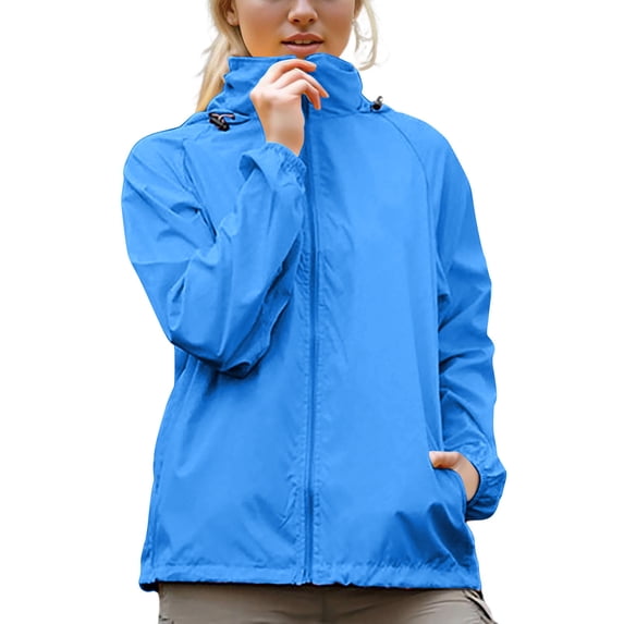 Fesfesfes Women' Hooded Outdoor Jacket High-Collar Adjustable Ribbed Cuff Sleeves Blouses Loose Zipper Pockets Lightweight for Mountaineering(Blue#1,S)