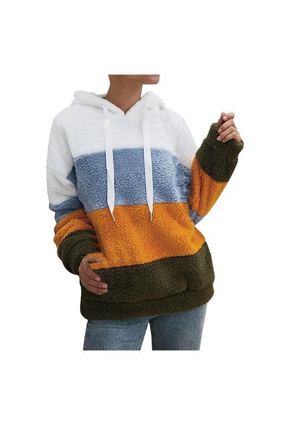 Women Hooded Plush Color Contrast Blouse Tops Cotton Long Sleeve Sweatshir Tops Clothes Sale