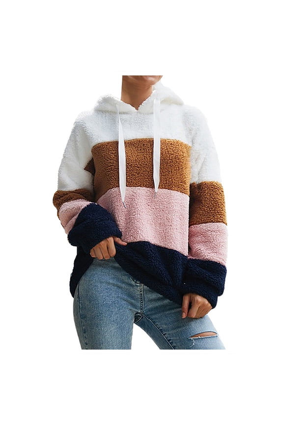 Women Hooded Plush Color Contrast Blouse Tops Cotton Long Sleeve Sweatshir Tops Under $10