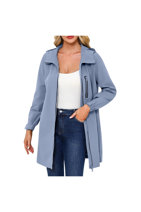 Women' Hooded Raincoat Adjustable High-Collar Tapered Long Sleeves A-Line Tops Zippered Side Pockets Lightweight for Outdoor Wear(Light Blue#2,L)
