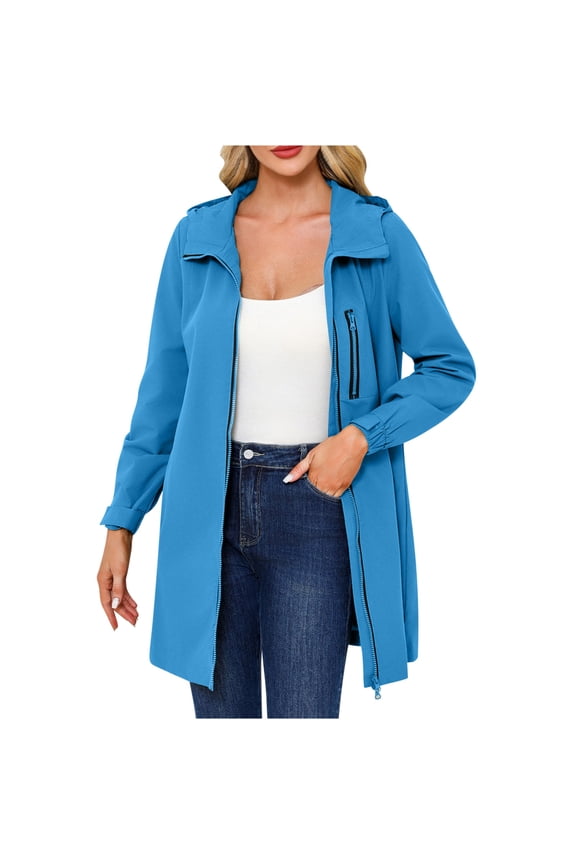Women' Hooded Raincoat Adjustable High-Collar Tapered Long Sleeves A-Line Tops Zippered Side Pockets Lightweight for Outdoor Wear(Blue#2,S)