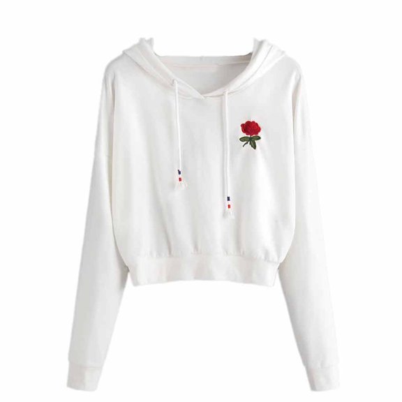 Fesfesfes Women Hooded Rose Embroidered Hoodie Sweatshirt Jumper Crop Pullover Top