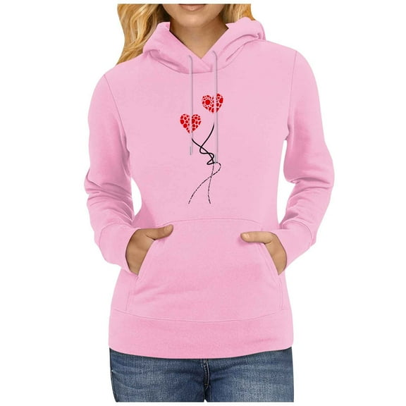 Fesfesfes Women Hooded Solid Color Printing Drawstring Hood Long Sleeves Sweater Tops