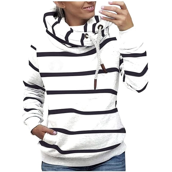 Fesfesfes Women Hooded Stripe Print Turtleneck Long Sleeve Hooded Sweatshirts Blouse T-shirt Tops