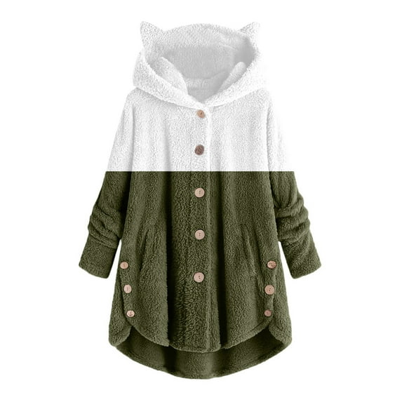 Fesfesfes Women Hoodie Plush Tops Button Hooded Outerwear Loose Color Matching Cardigan Patchwork Coat On Sale