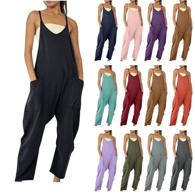 Elastic Waist Pockets Wide Leg Jumpsuit,Cotton Overalls,Casual Jumpsuit,Summer,Loose Jumpsuit,Hippie Jumpsuit Wide Leg Jumpsuit(Rompers) main image 1