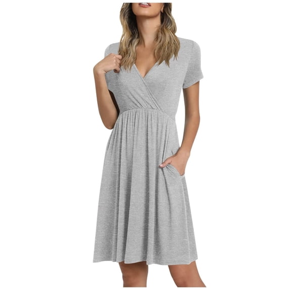 Fesfesfes Women Knee Length Dress Casual V-Neck Print Sun Dress Short Sleeve Dress Semi-Formal Mini Dress Gifts for Her Under 10$