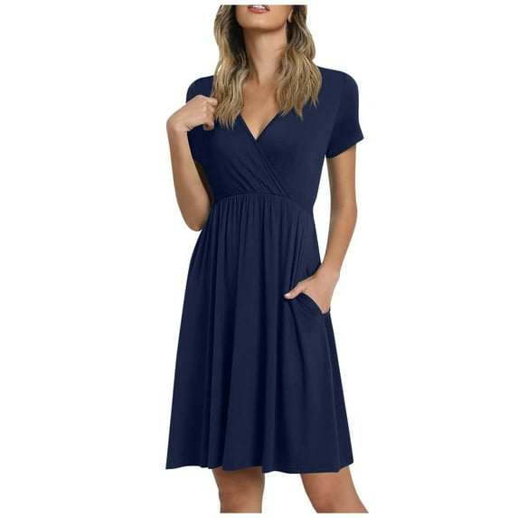 Fesfesfes Women Knee Length Dress Casual V-Neck Print Sun Dress Short Sleeve Dress Semi-Formal Mini Dress