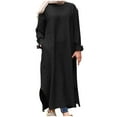 thumbnail image 1 of Fesfesfes Women Linen Robe Round Neck Loose Long Sleeve Dress Solid Color Mid-Calf Long Dress, 1 of 9
