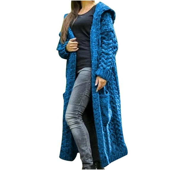 Fesfesfes Women Long Cardigan Casual Long Sleeve Hooded Coat Solid Color Warm Sweater Ladies Maxi Tops Coat