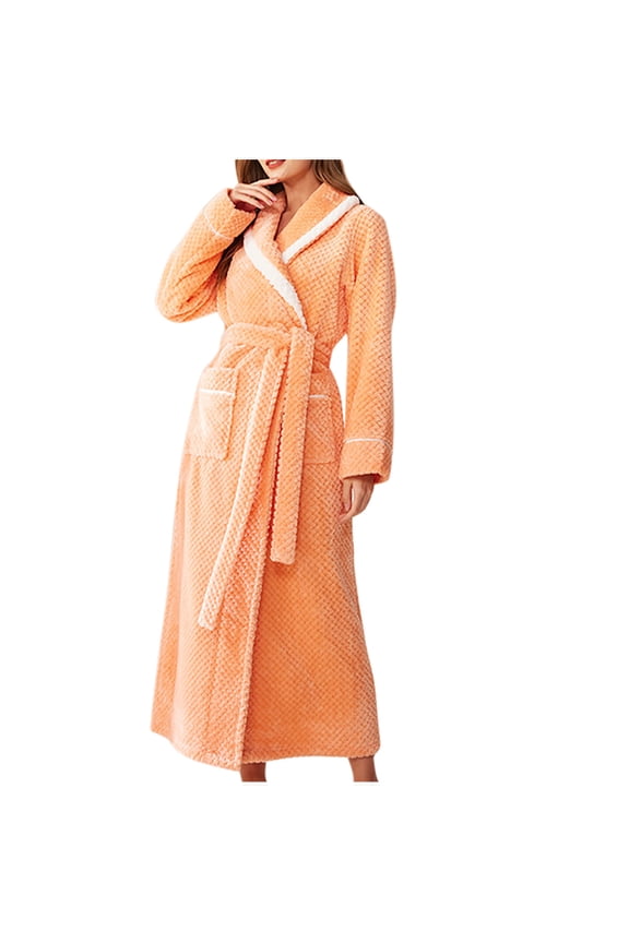 Women Long Sleeve Flannel Robe Bathrobe Gown with Pocket and Belt Cozy Warm Fleece Loungewear Soft V Neck Sleepwear for Home Relaxation(Orange#1,XL)