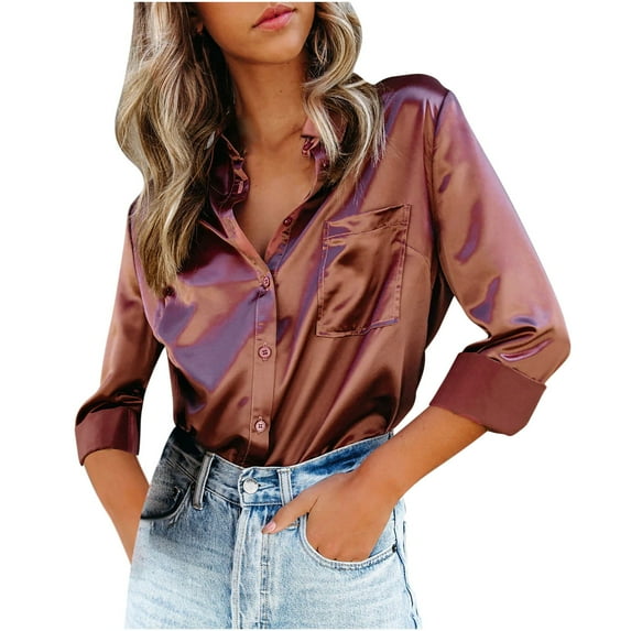 Fesfesfes Women Loose Blouse Casual Long Sleeve Shirt Solid Color Lapel Collar Blouse T-shirt Tops Under $10