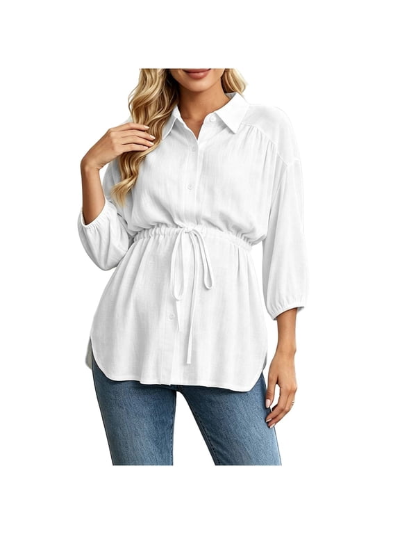 Women Maternity Cotton Button Down Shirt Long Sleeve Collared Adjustable Drawstring Waist Pregnancy Blouse for Work Daily Wear S-XXL