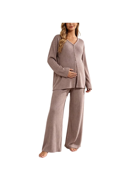 Women Maternity Ribbed Knit Set Button Down Cardigan and Adjustable Waist Wide Leg Pants Two Piece Outfit for Pregnancy S-XXL