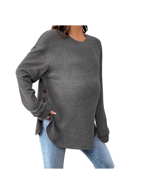 Women Maternity Ribbed Knit Top Round Neck Long Sleeve Relaxed Fit Side Drawstring Pregnancy Shirt for Casual Wear S-XXL