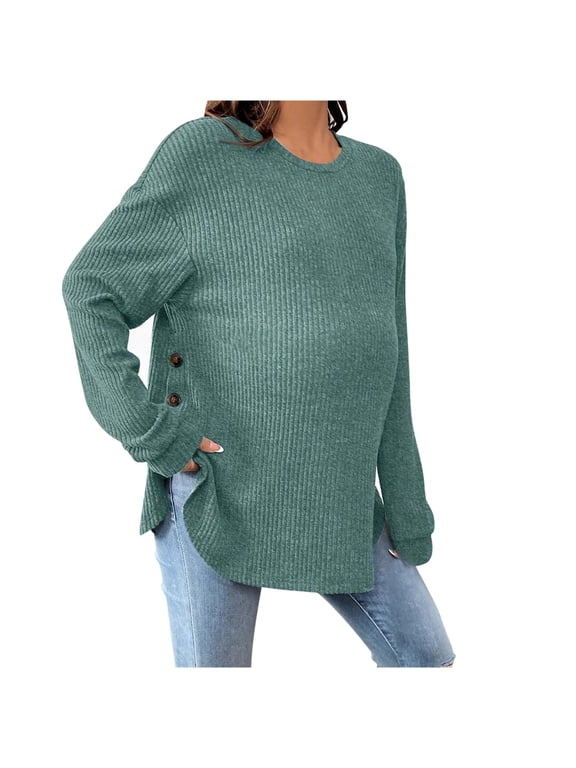 Women Maternity Ribbed Knit Top Round Neck Long Sleeve Relaxed Fit Side Drawstring Pregnancy Shirt for Casual Wear S-XXL