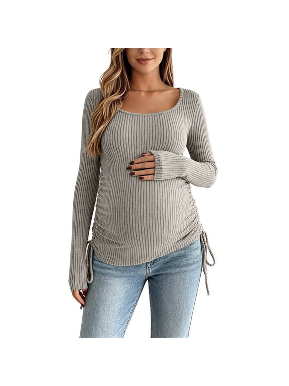 Women Maternity Ribbed Knit Top Round Neck Long Sleeve Side Drawstring Adjustable Fit Pregnancy Basic Tee for Daily Wear S-XXL