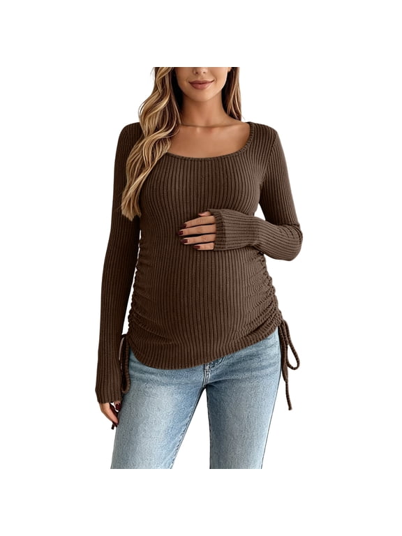 Women Maternity Ribbed Knit Top Round Neck Long Sleeve Side Drawstring Adjustable Fit Pregnancy Basic Tee for Daily Wear S-XXL