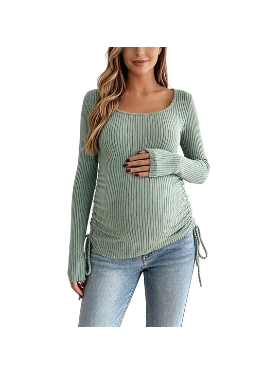 Women Maternity Ribbed Knit Top Round Neck Long Sleeve Side Drawstring Adjustable Fit Pregnancy Basic Tee for Daily Wear S-XXL