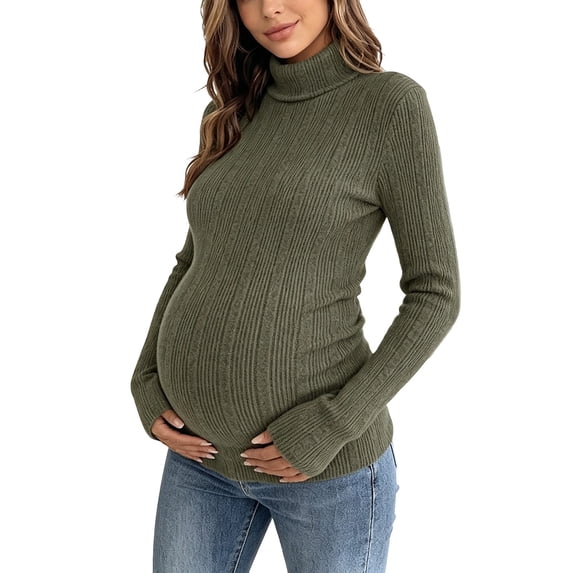 Fesfesfes Women Maternity Ribbed Turtleneck Top Long Sleeve Slim Fit Stretch Knit Pregnancy Base Layer Shirt for Autumn Winter S-XXL