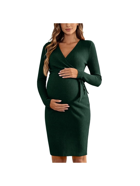 Women Maternity Wrap Dress V Neck Long Sleeve Tie Waist Ribbed Knit Nursing Pregnancy Dress for Daily Wear S-XXL