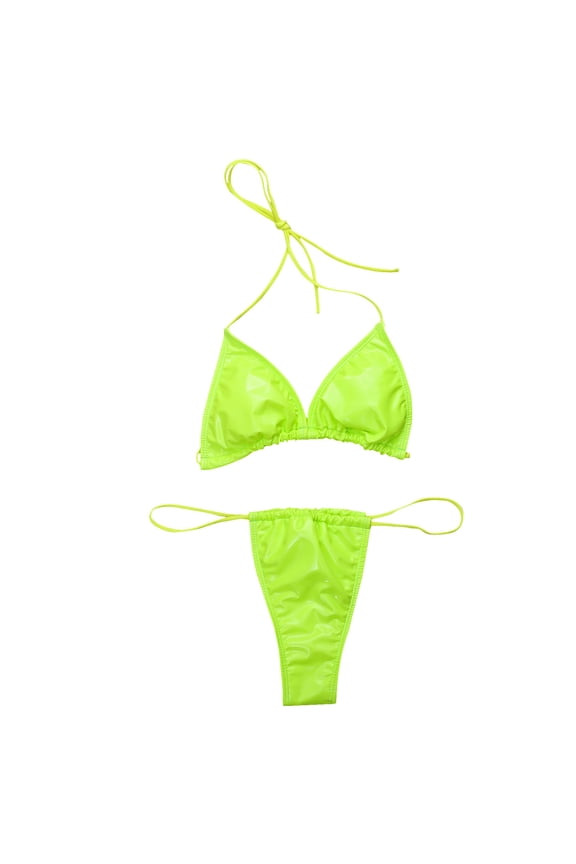 Women Bikinis Tie Bikini Set Casual High Waist Thong Swimsuit Faux Leather Swimwear