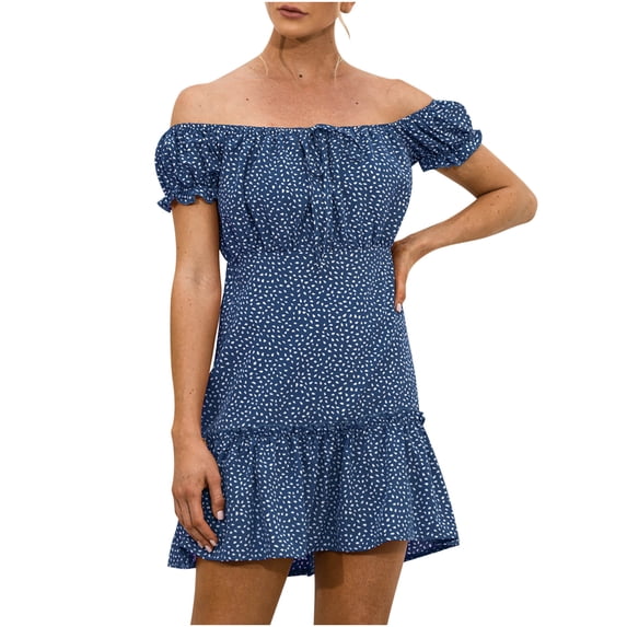 Fesfesfes Women Mini Dress Casual Off Shoulder Short Sleeve Dress Sun Dress Ruffle Patchwork Party Dress