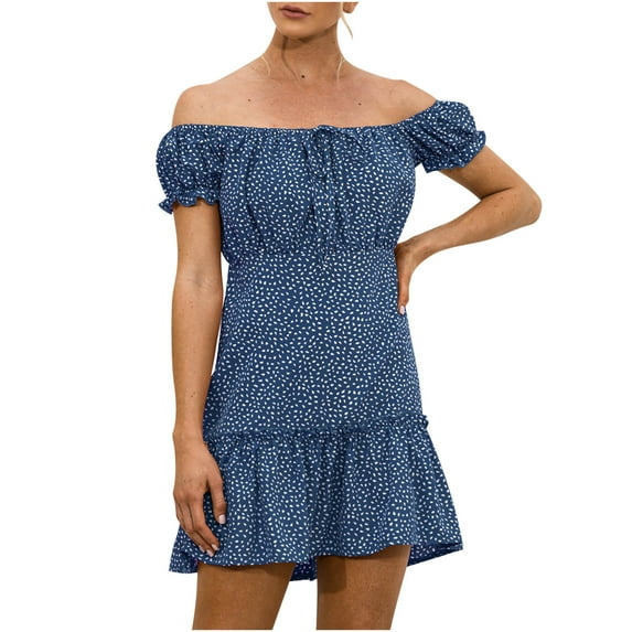 Fesfesfes Women Mini Dress Casual Off Shoulder Short Sleeve Dress Sun Dress Ruffle Patchwork Party Dress Summer
