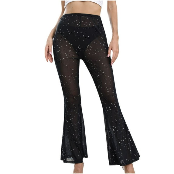 Fesfesfes Women Pant Casual Ladies Sexy Mesh Sheer Solid Color Elastic Flared Pants Under $10