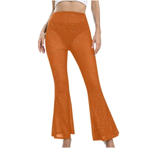 Fesfesfes Women Pant Casual Ladies Mesh Sheer Solid Color Elastic Flared Pants