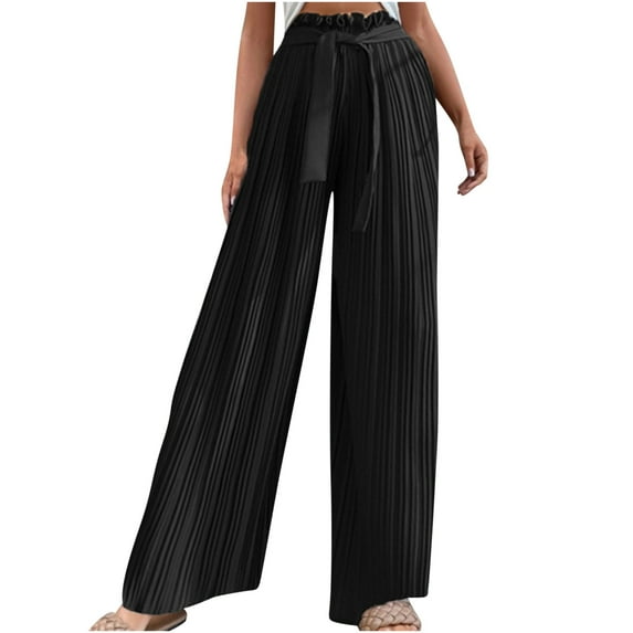 Fesfesfes Women Pant Fashion Casual High Waist Elastic Waist Drawstring Straps Solid Color Draped Pleated Wide Leg Long Pants Clearance