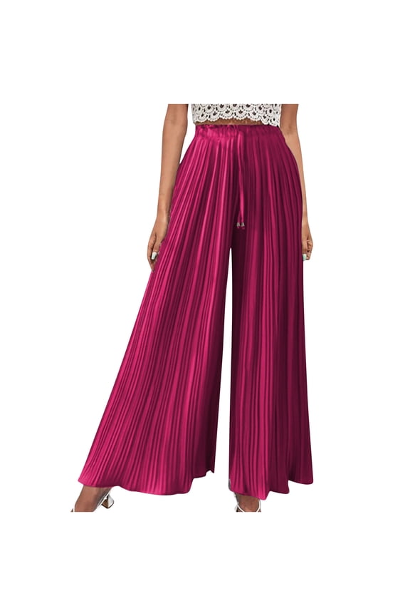 Women Pant Fashion Casual High Waist Elastic Waist Drawstring Straps Solid Color Draped Pleated Wide Leg Long Pants