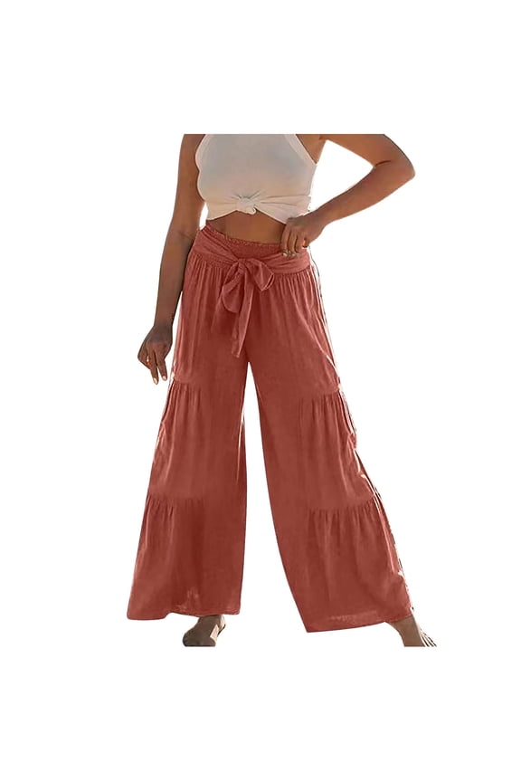 Women Pant Fashion Casual High Waist Elastic Waist Drawstring Straps Solid Color Ruffle Wide Leg Long Pants On Sale