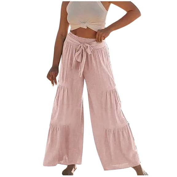 Fesfesfes Women Pant Fashion Casual High Waist Elastic Waist Drawstring Straps Solid Color Ruffle Wide Leg Long Pants