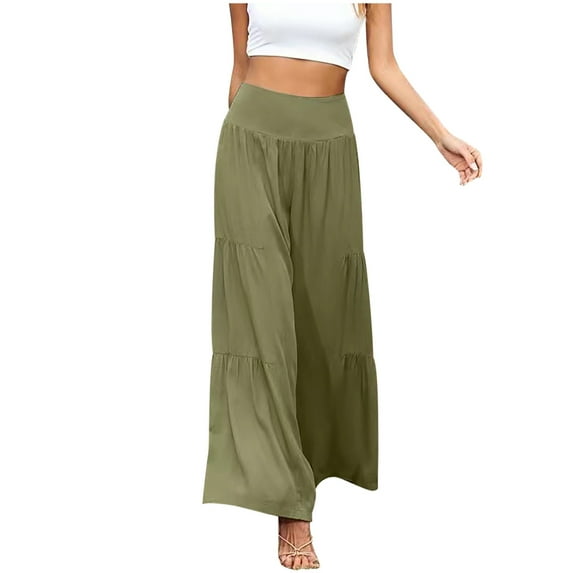 Fesfesfes Women Pant Fashion Casual High Waist Elastic Waist Solid Color Ruffle Wide Leg Long Pants On Sale