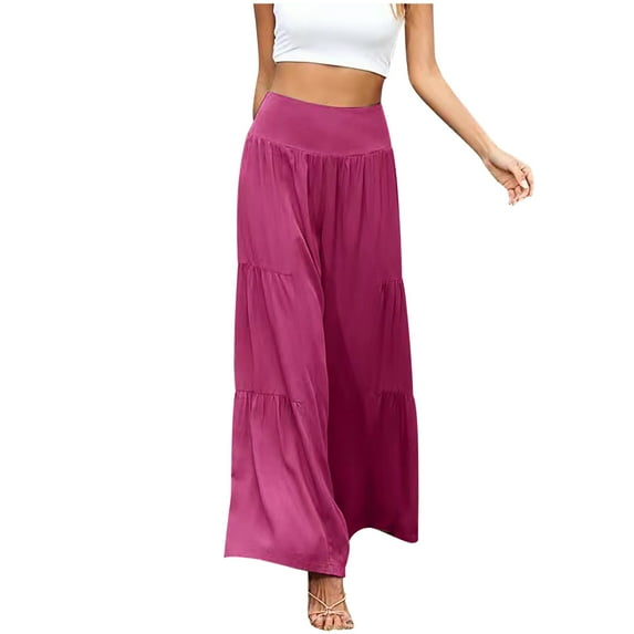Fesfesfes Women Pant Fashion Casual High Waist Elastic Waist Solid Color Ruffle Wide Leg Long Pants