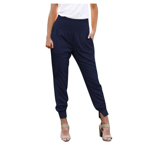 Fesfesfes Women Pant Fashion Casual High Waist Trousers Slit Pocket Solid Color Length Pants Sale Items