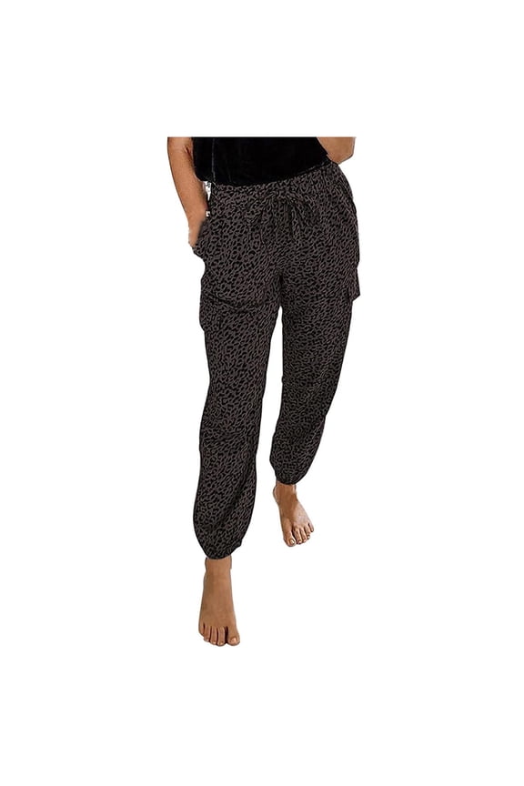 Women Pant Leopard Print Legged Elastic Rope Pocket Decoration Casual Long Pants On Sale
