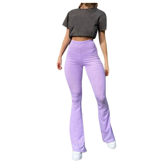 Fesfesfes Women Pant Spring Purple Casual Elastic High Waist Flared Pants Trousers