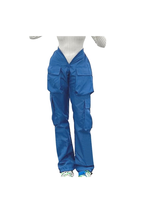 Women Pants Casual Straight Large Pocket Overalls V-neck Personalized Waist Closing Casual Pants