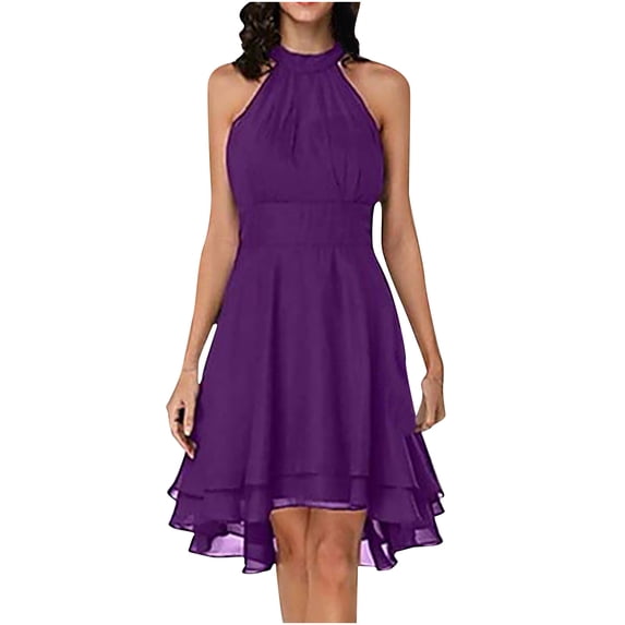 Fesfesfes Women Party Dress Mini Summer Dress Fashion Halter Neck Sleeveless Dress Chiffon Double Layer Ruffles Dress Gifts for Her