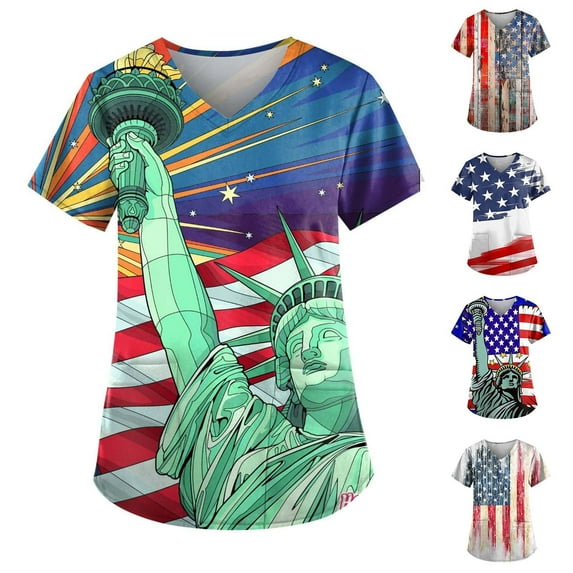 Fesfesfes Women Plus Size Activewear for Women Independence Day Women's V-Neck Casual Short Sleeve Printed Pockets Ladies Tops Blouse Uniform Womens Shirts Casual XL(US:10)