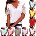 thumbnail image 1 of Fesfesfes Women Plus Size Shirts Women Casual Solid Short Sleeve V-Neck Lace Fashion Pullover Blouse T-shirt Tops Womens V Neck T Shirts 4XL(US:16), 1 of 7