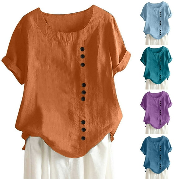Fesfesfes Women Plus Size Shirts Women's Fashion Summer Round Neck Leisure Short Sleeve Solid Buttons Tops Womens Shirts Casual 3XL(US:14)