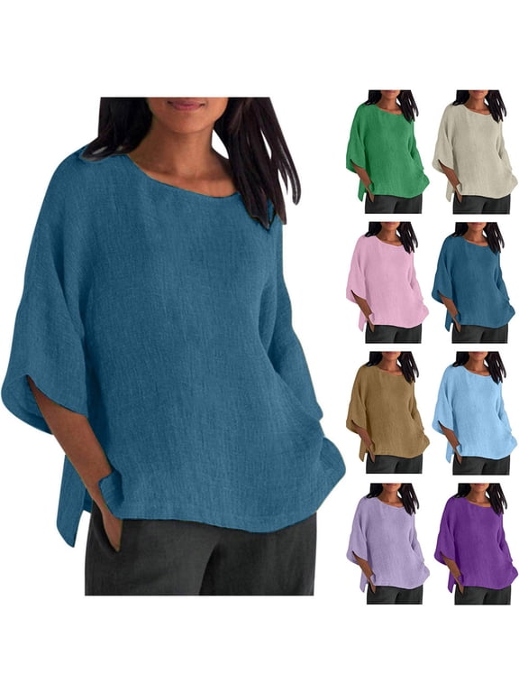 Women Plus Size Shirts for Women's Summer Fashion Cropped Sleeves Round Neck Cotton Line Loose Shirt Blouse Tshirts Shirts for Women S(US:4)