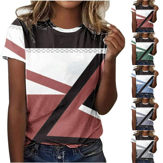 Fesfesfes Women Plus Size Short Sleeve Tops Casual Fashion Printed Crew-Neck Short Sleeve Top 2XL(US:12)