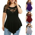 thumbnail image 1 of Fesfesfes Women Plus Size Short Sleeve Tops Solid Floral Lace Round Neck Asymmetric Three Quarter Tops Blouse Womens Tops 5XL(US:18), 1 of 7