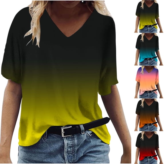 Fesfesfes Women Plus Size Short Sleeve Tops for Womens Summer Tops V Neck T Shirts Printed Tops Loose Casual Tshirts Women T Shirts Short Sleeve XL(US:10)