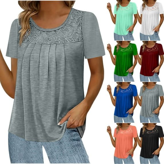 Fesfesfes Women Plus Size Spring Tops for Women Fashion Lace Splicing Round Neck Short Sleeve T-Shirt Blouse Tops 4XL(US:16)