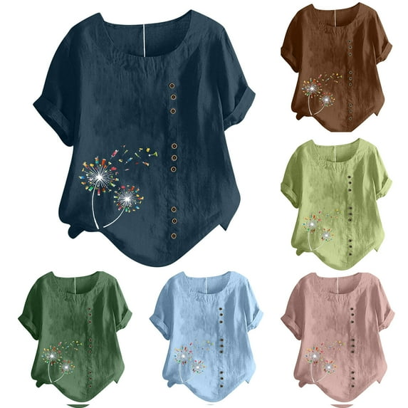 Fesfesfes Women Plus Size T Shirts Women's Short Sleeved Casual Plus Size Round Neck Feather Printed Loose Button Cotton Linen Top Shirt 4XL(US:16)